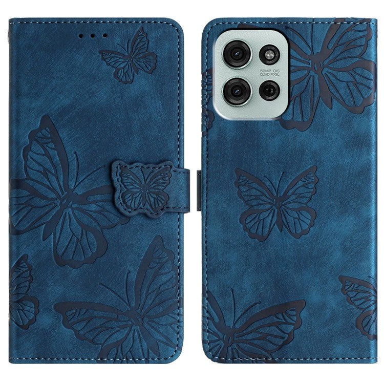 For Motorola Moto G75 5G Case Butterfly Design Flip Wallet Leather Phone Cover Skin-Touch - Blue