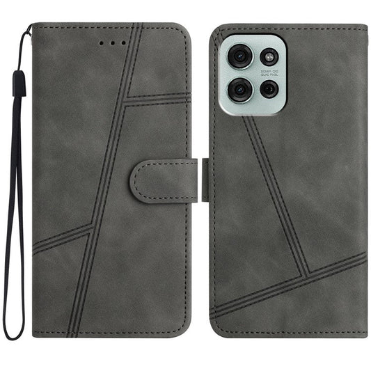 For Motorola Moto G75 5G Case Flip Leather Retro Phone Cover Lines Imprinted - Grey