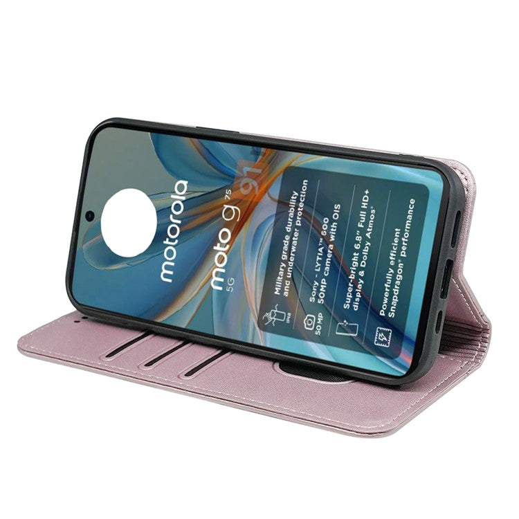 HX01 For Motorola Moto G75 5G Wallet Case Magnetic Closing PU Leather Phone Cover - Rose Gold