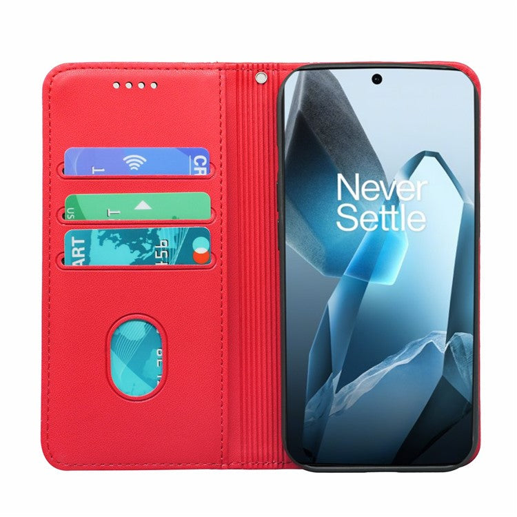 HX01 For OnePlus 13 Wallet Case Magnetic Closing PU Leather Phone Cover - Red