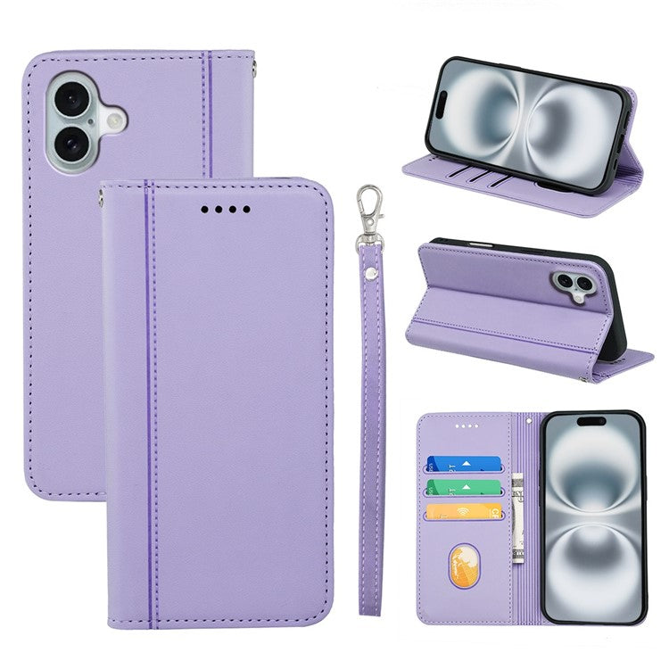 HX01 For iPhone 16 Wallet Case Magnetic Closing PU Leather Phone Cover - Purple