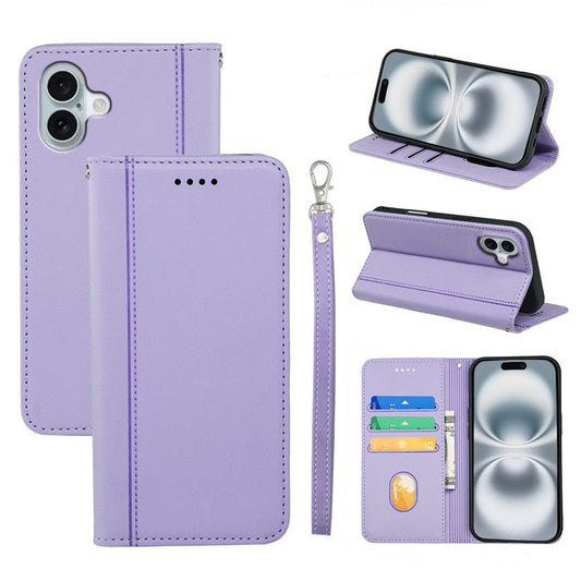 HX01 For iPhone 16 Wallet Case Magnetic Closing PU Leather Phone Cover - Purple