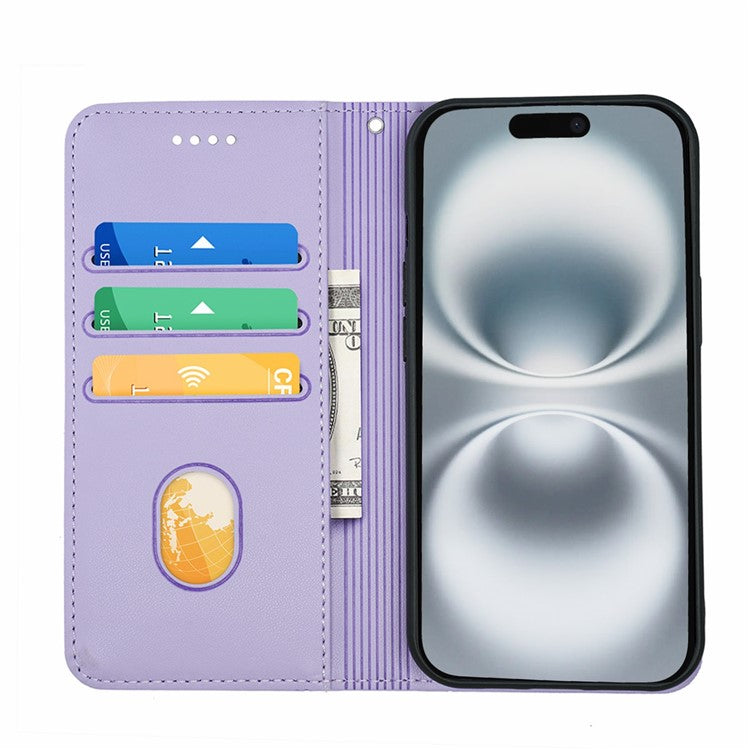 HX01 For iPhone 16 Wallet Case Magnetic Closing PU Leather Phone Cover - Purple