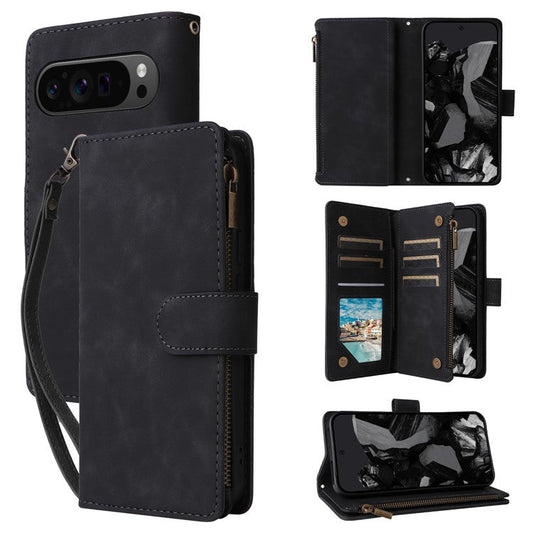 For Google Pixel 9 Pro XL Case Zipper Wallet Multiple Card Slots Leather Phone Cover - Black