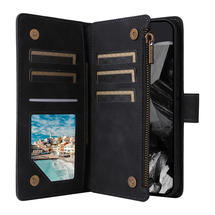For Google Pixel 9 Pro XL Case Zipper Wallet Multiple Card Slots Leather Phone Cover - Black