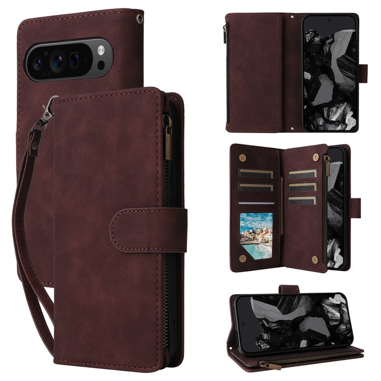 For Google Pixel 9 Pro XL Case Zipper Wallet Multiple Card Slots Leather Phone Cover - Coffee