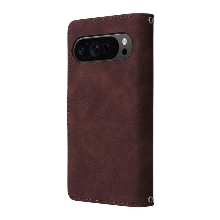For Google Pixel 9 Pro XL Case Zipper Wallet Multiple Card Slots Leather Phone Cover - Coffee