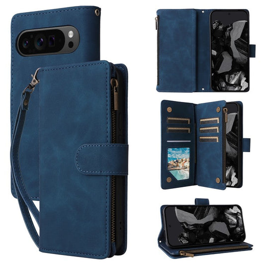 For Google Pixel 9 Pro XL Case Zipper Wallet Multiple Card Slots Leather Phone Cover - Blue