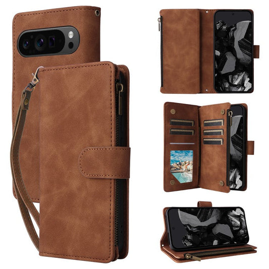 For Google Pixel 9 Pro XL Case Zipper Wallet Multiple Card Slots Leather Phone Cover - Brown