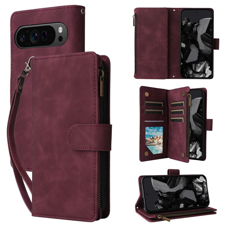 For Google Pixel 9 Pro XL Case Zipper Wallet Multiple Card Slots Leather Phone Cover - Wine Red