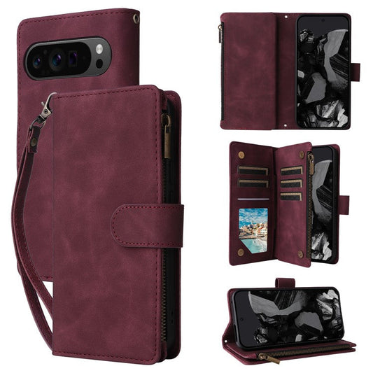 For Google Pixel 9 Pro XL Case Zipper Wallet Multiple Card Slots Leather Phone Cover - Wine Red