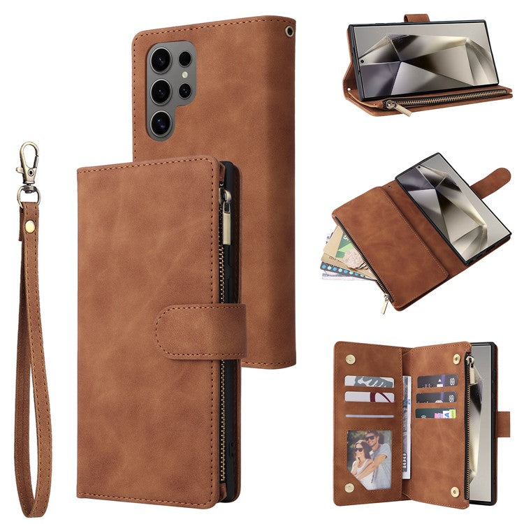 For Samsung Galaxy S25 Ultra Case Zipper Wallet Multiple Card Slots Leather Phone Cover - Brown
