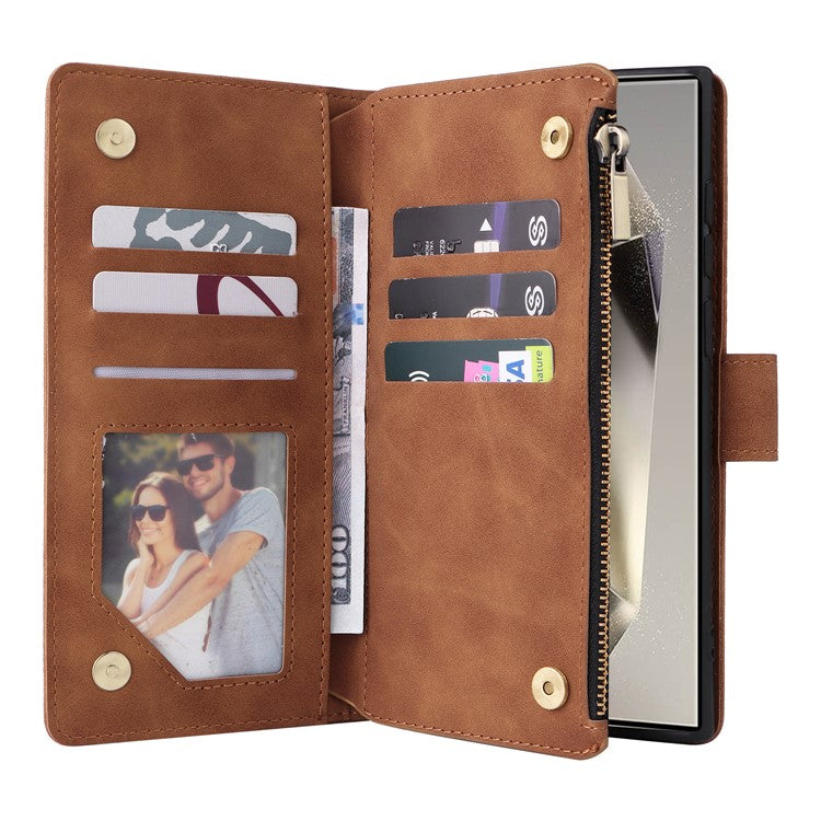For Samsung Galaxy S25 Ultra Case Zipper Wallet Multiple Card Slots Leather Phone Cover - Brown