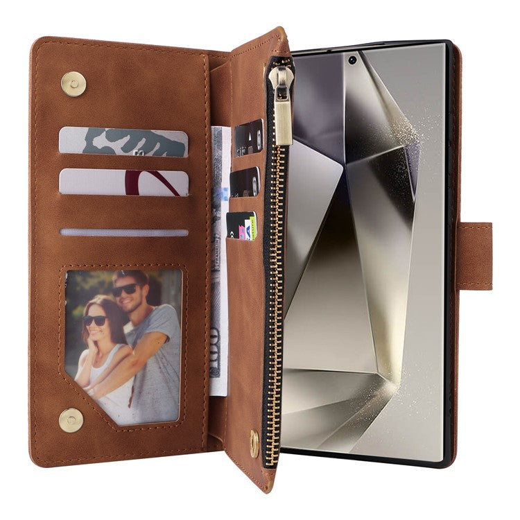 For Samsung Galaxy S25 Ultra Case Zipper Wallet Multiple Card Slots Leather Phone Cover - Brown