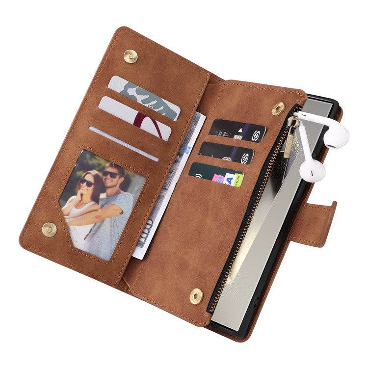 For Samsung Galaxy S25 Ultra Case Zipper Wallet Multiple Card Slots Leather Phone Cover - Brown