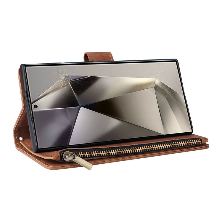 For Samsung Galaxy S25 Ultra Case Zipper Wallet Multiple Card Slots Leather Phone Cover - Brown