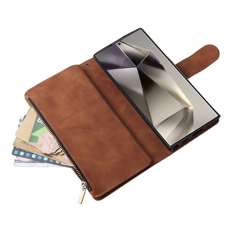 For Samsung Galaxy S25 Ultra Case Zipper Wallet Multiple Card Slots Leather Phone Cover - Brown