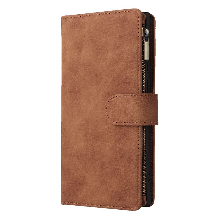 For Samsung Galaxy S25 Ultra Case Zipper Wallet Multiple Card Slots Leather Phone Cover - Brown