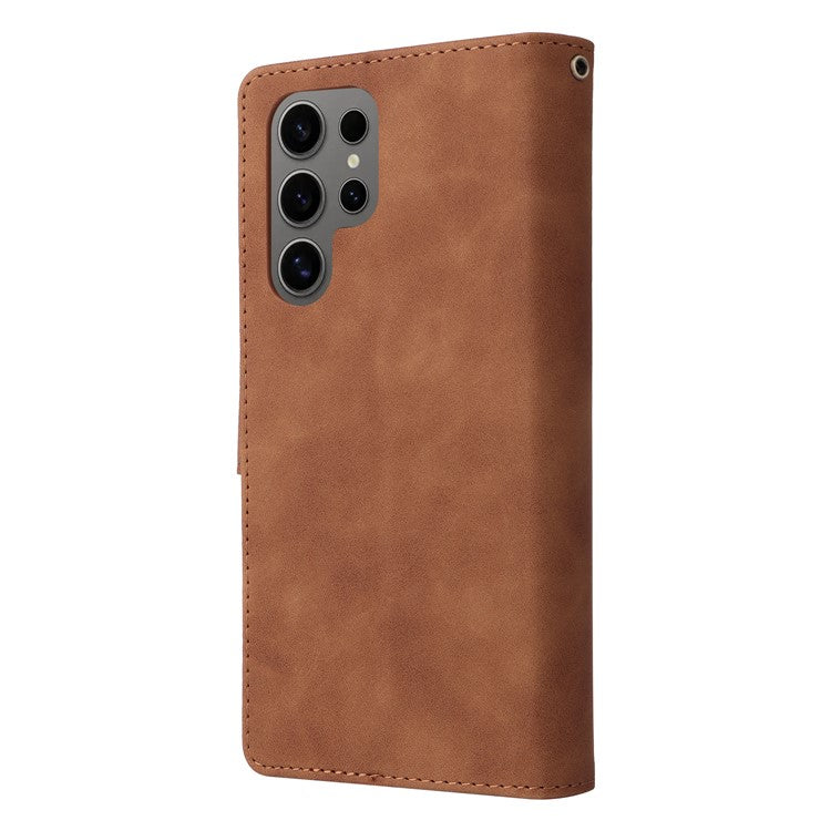For Samsung Galaxy S25 Ultra Case Zipper Wallet Multiple Card Slots Leather Phone Cover - Brown
