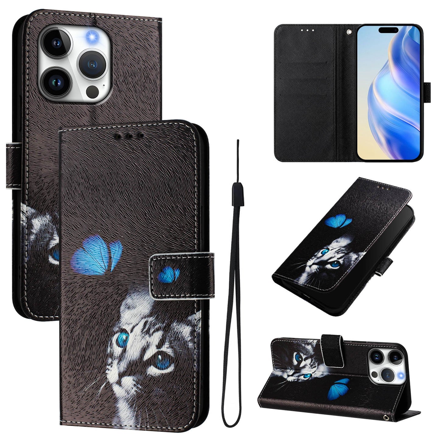 For iPhone 16 Pro Case Pattern Printing Wallet Phone Cover with Strap - Butterfly and Cat