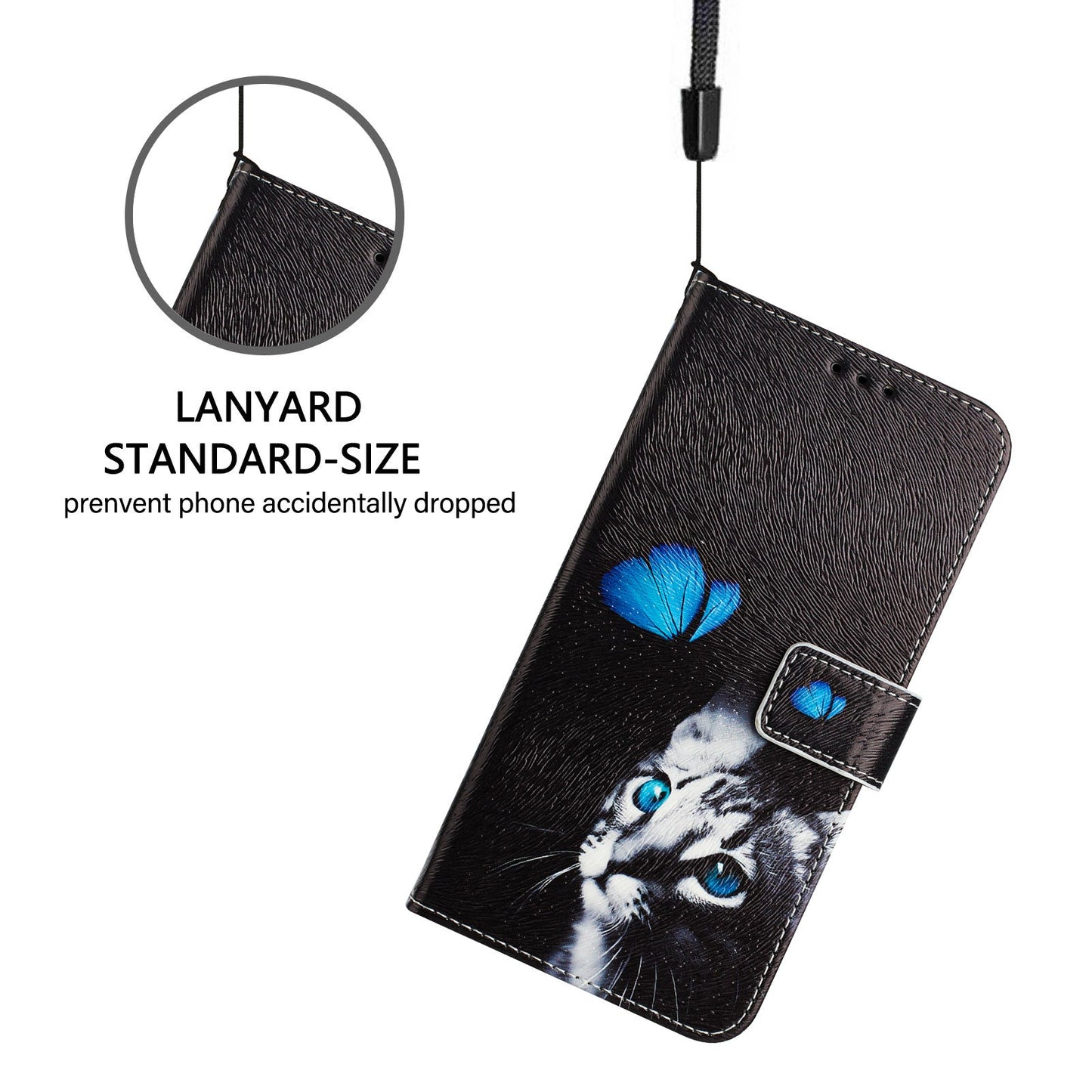 For iPhone 16 Pro Case Pattern Printing Wallet Phone Cover with Strap - Butterfly and Cat