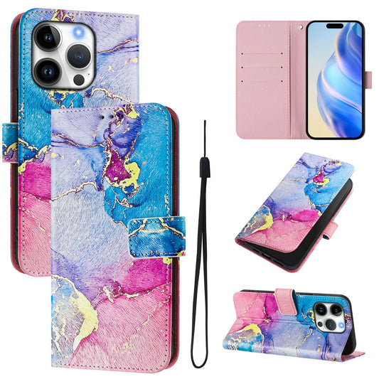For iPhone 16 Pro Case Pattern Printing Wallet Phone Cover with Strap - Multicolor Marble