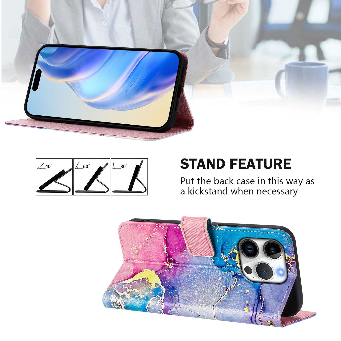 For iPhone 16 Pro Case Pattern Printing Wallet Phone Cover with Strap - Multicolor Marble