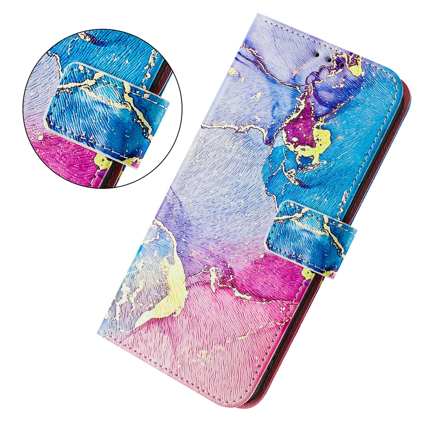 For iPhone 16 Pro Case Pattern Printing Wallet Phone Cover with Strap - Multicolor Marble