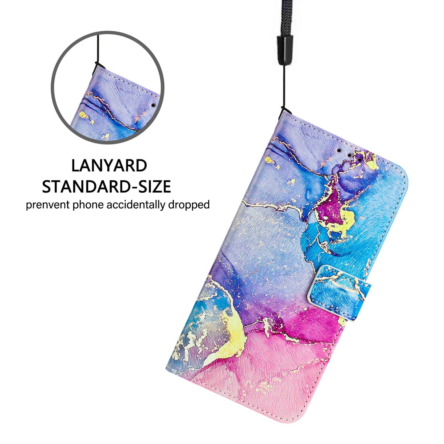 For iPhone 16 Pro Case Pattern Printing Wallet Phone Cover with Strap - Multicolor Marble