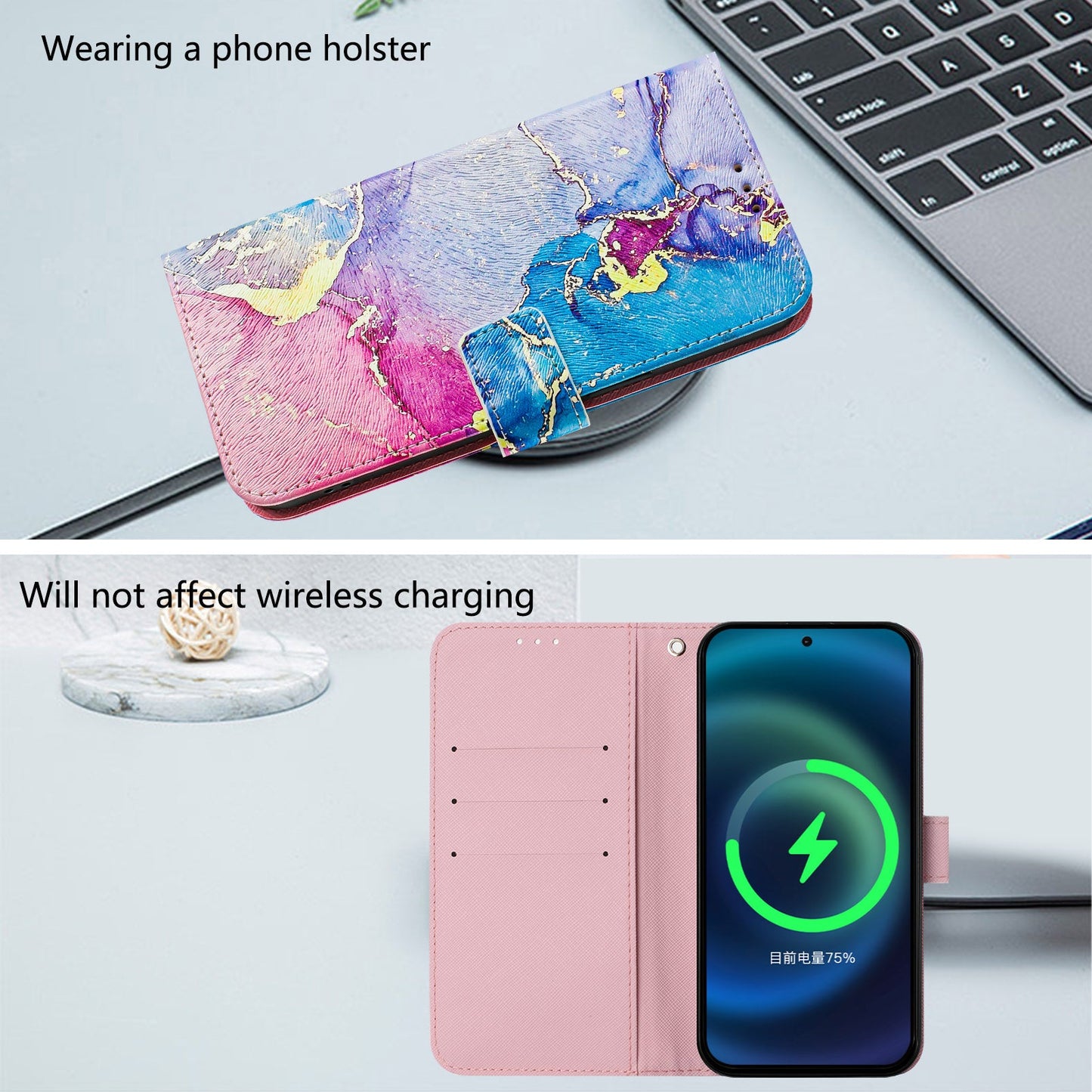 For iPhone 16 Pro Case Pattern Printing Wallet Phone Cover with Strap - Multicolor Marble