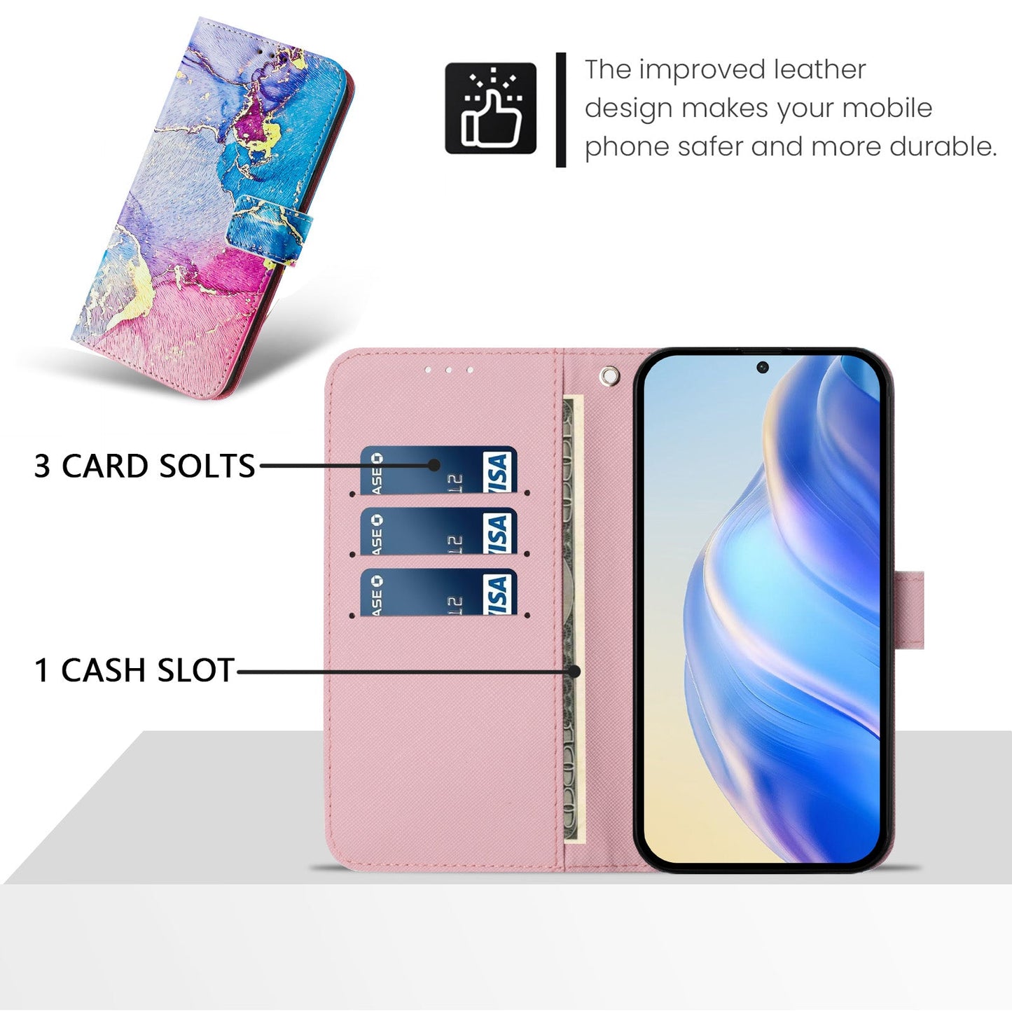 For iPhone 16 Pro Case Pattern Printing Wallet Phone Cover with Strap - Multicolor Marble