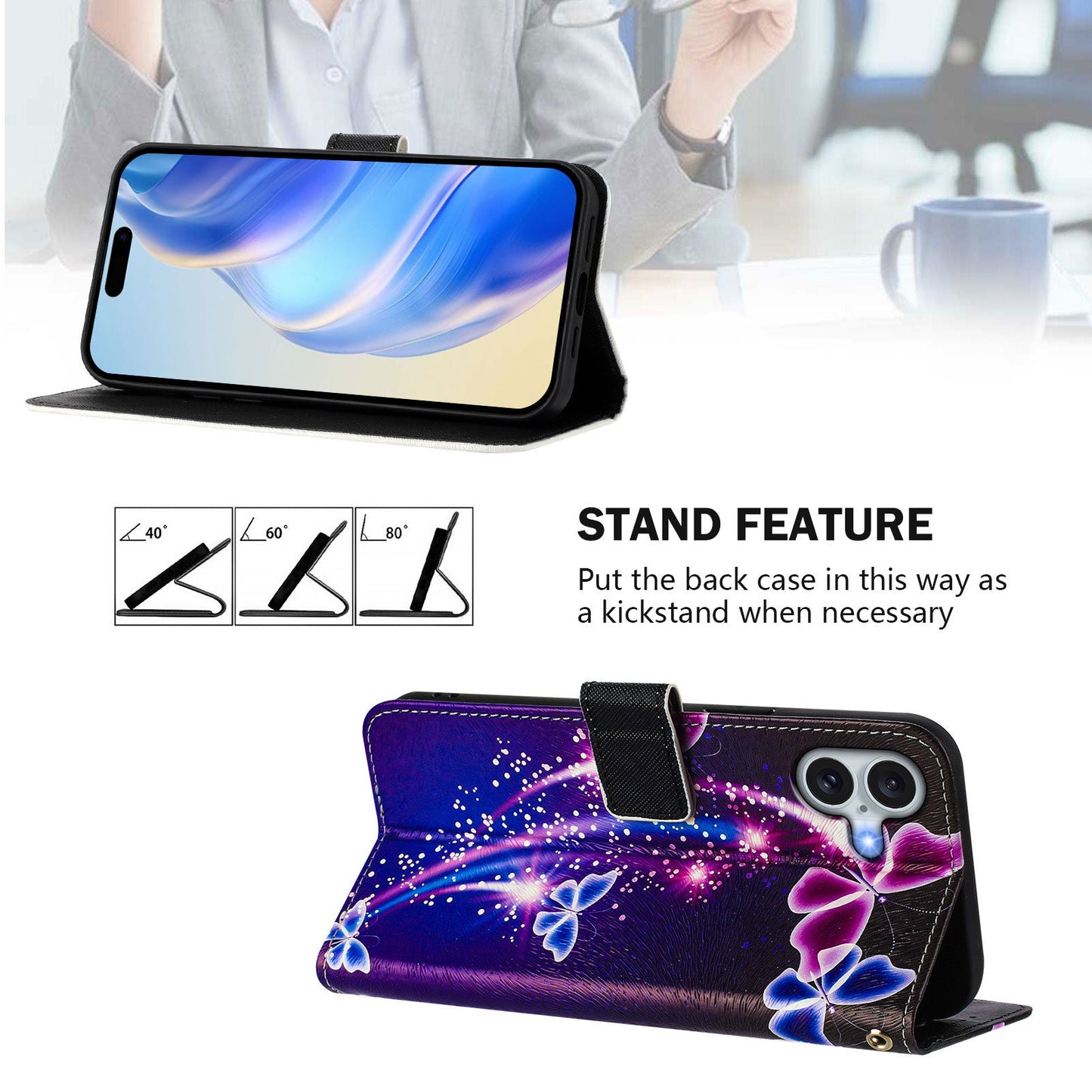 For iPhone 16 Plus Case Pattern Printing Wallet Phone Cover with Strap - Firework Butterfly