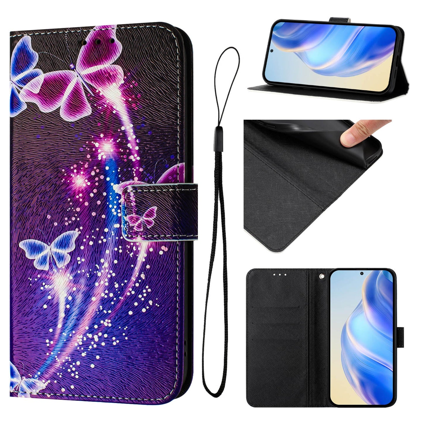For iPhone 16 Plus Case Pattern Printing Wallet Phone Cover with Strap - Firework Butterfly