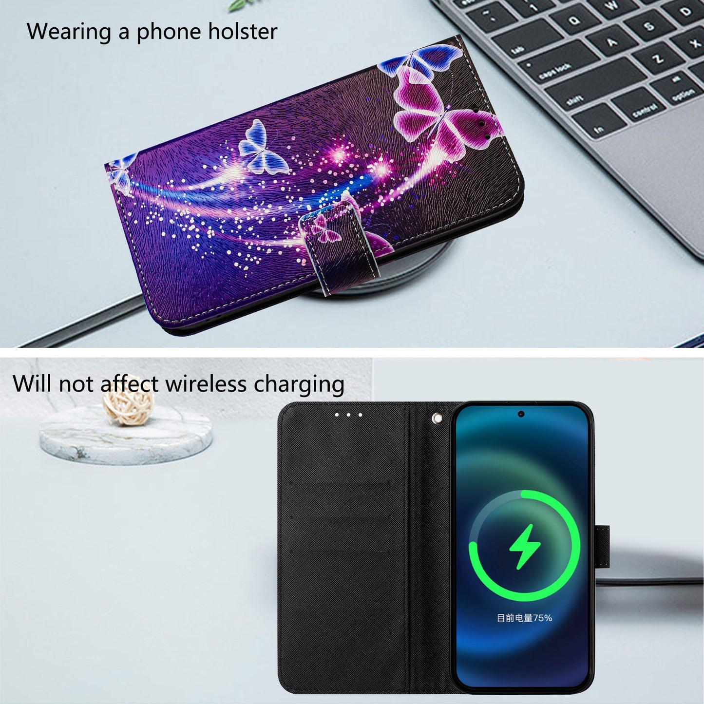 For iPhone 16 Plus Case Pattern Printing Wallet Phone Cover with Strap - Firework Butterfly