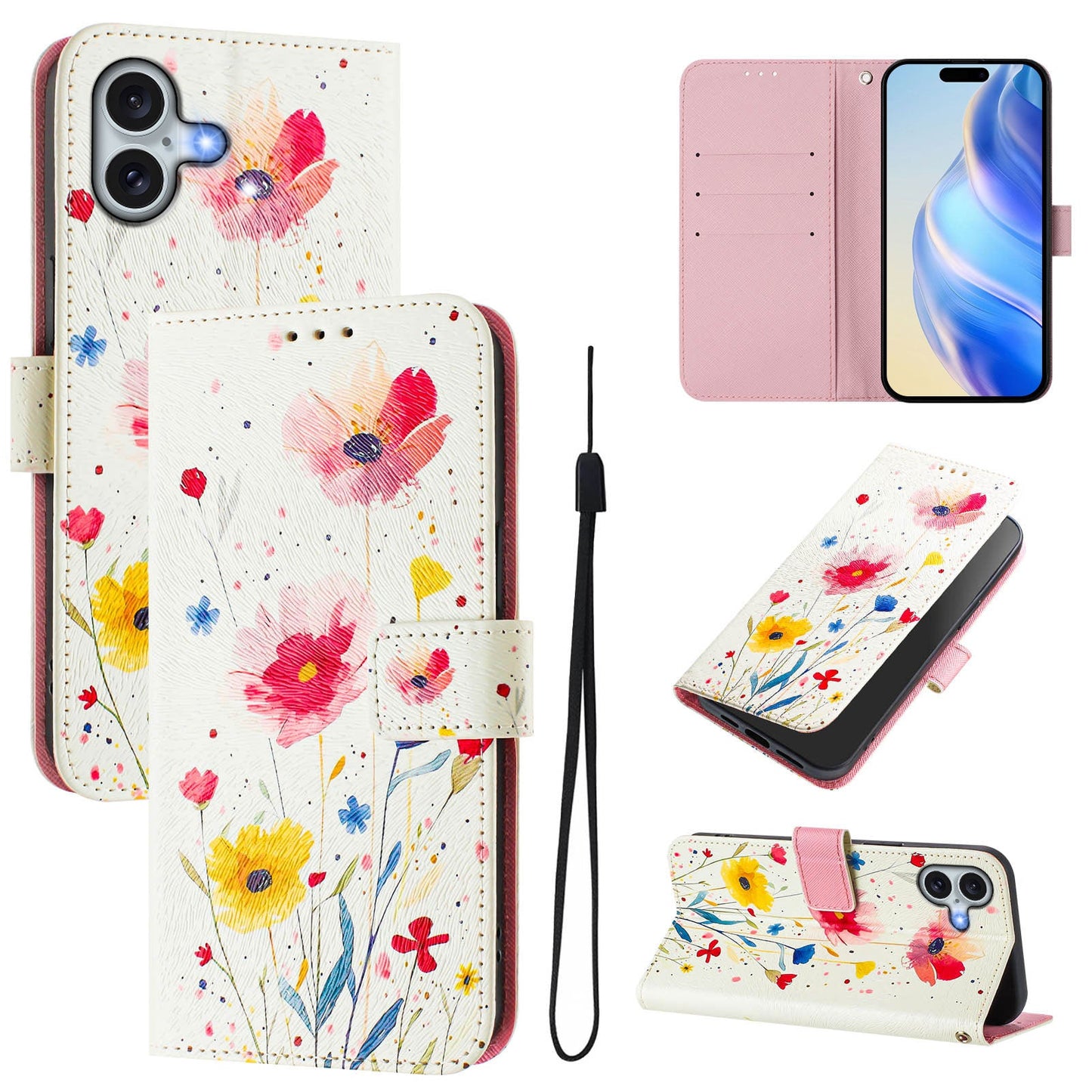 For iPhone 16 Plus Case Pattern Printing Wallet Phone Cover with Strap - Flower