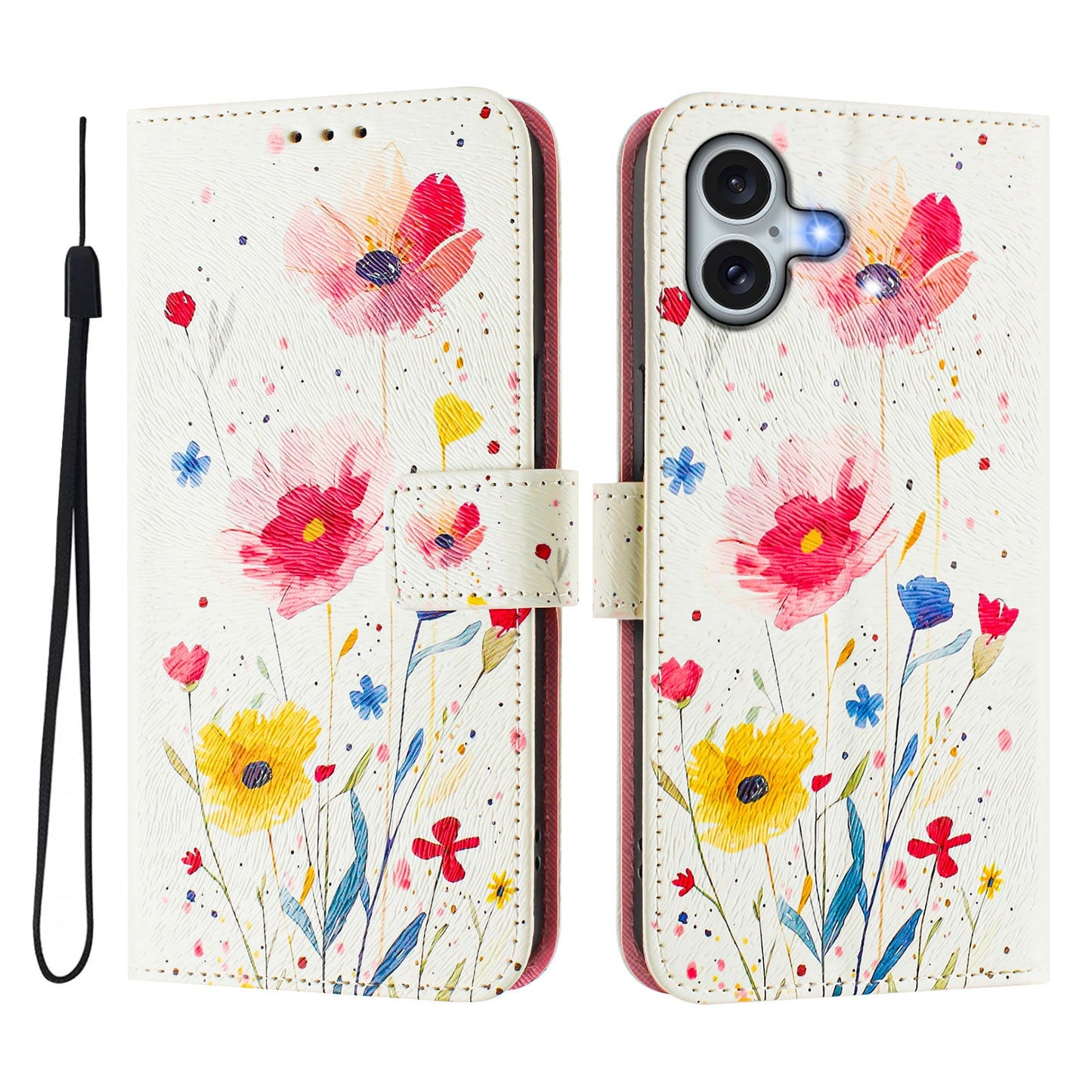 For iPhone 16 Plus Case Pattern Printing Wallet Phone Cover with Strap - Flower