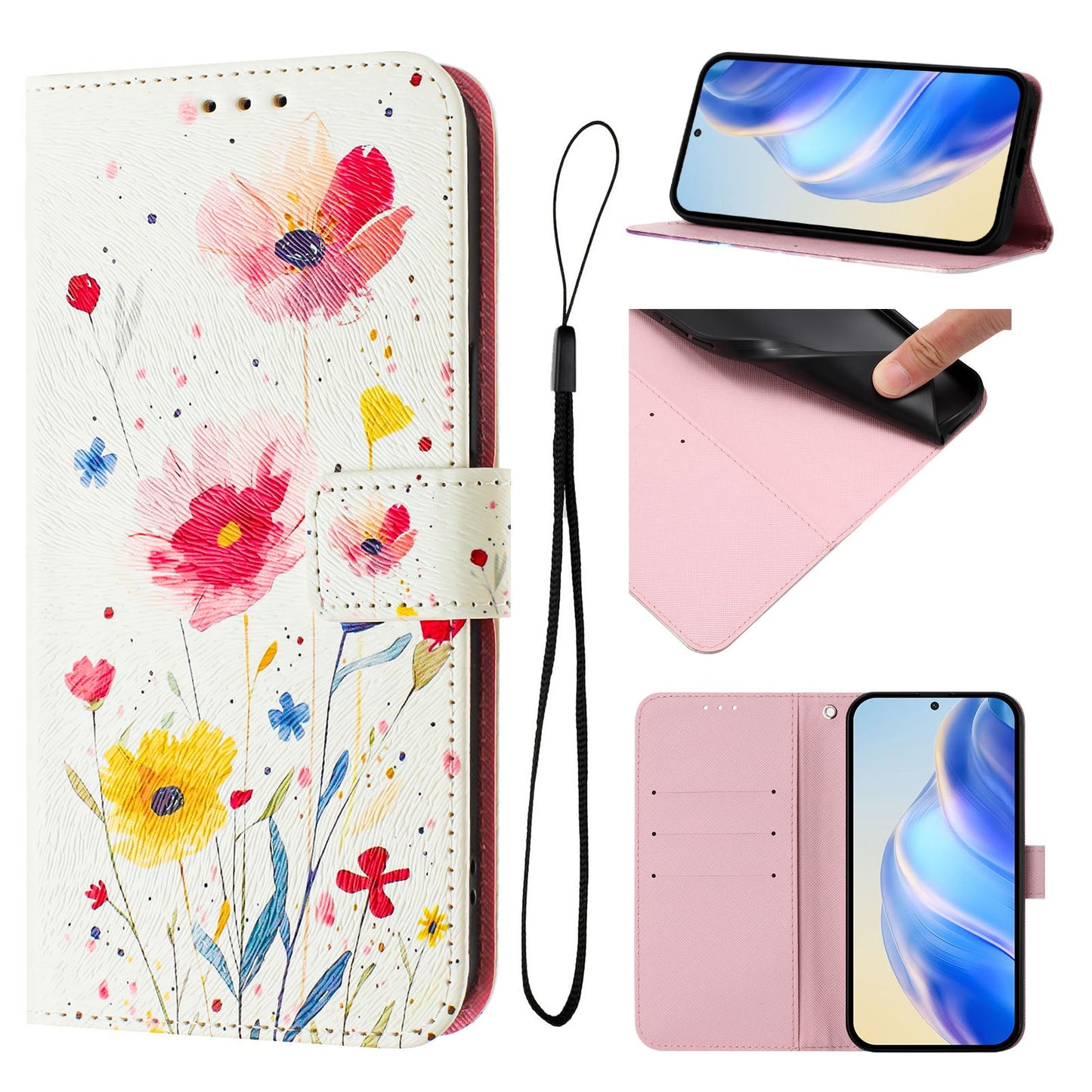 For iPhone 16 Plus Case Pattern Printing Wallet Phone Cover with Strap - Flower