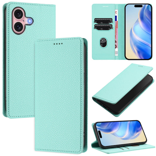 For iPhone 16 Wallet Case RFID Blocking Litchi Texture Leather Mobile Cover - Mint Green