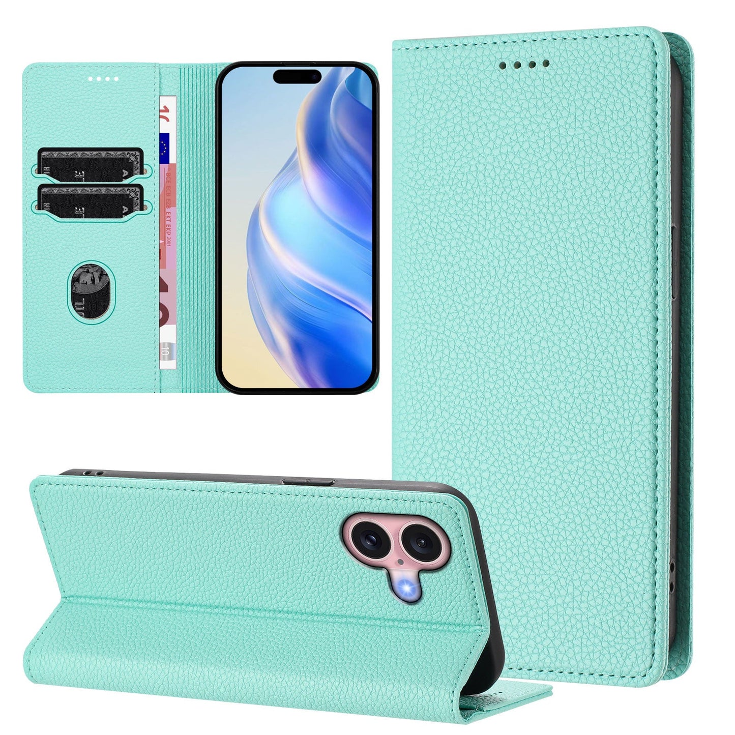 For iPhone 16 Wallet Case RFID Blocking Litchi Texture Leather Mobile Cover - Mint Green