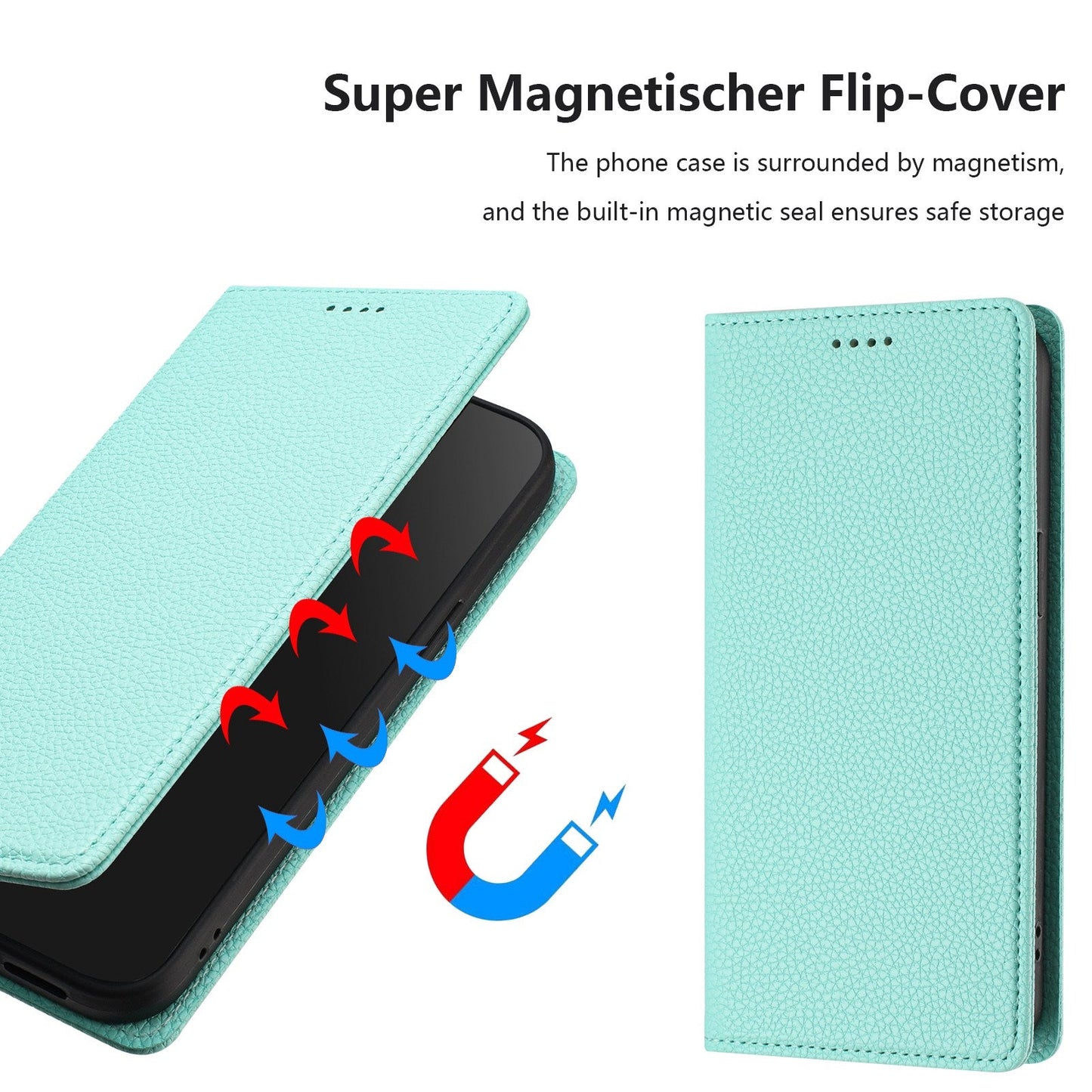 For iPhone 16 Wallet Case RFID Blocking Litchi Texture Leather Mobile Cover - Mint Green