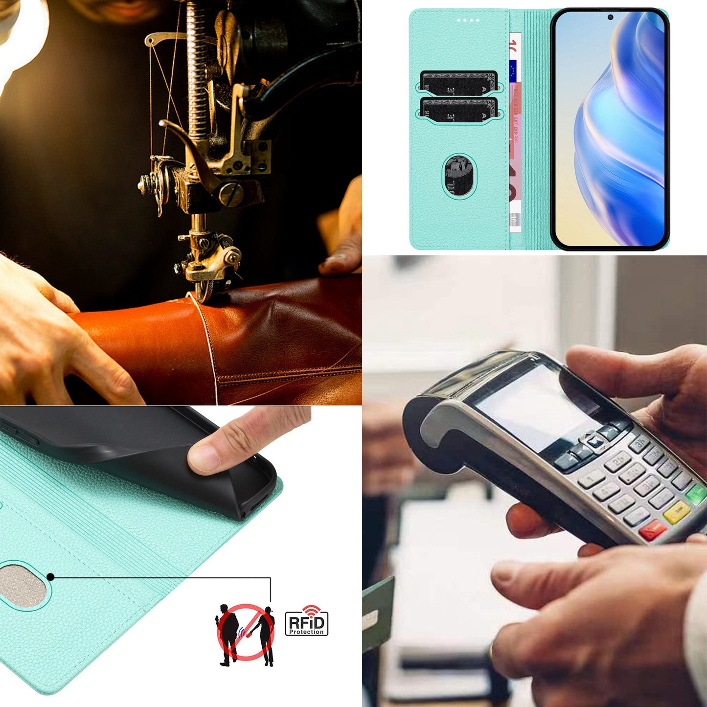 For iPhone 16 Wallet Case RFID Blocking Litchi Texture Leather Mobile Cover - Mint Green