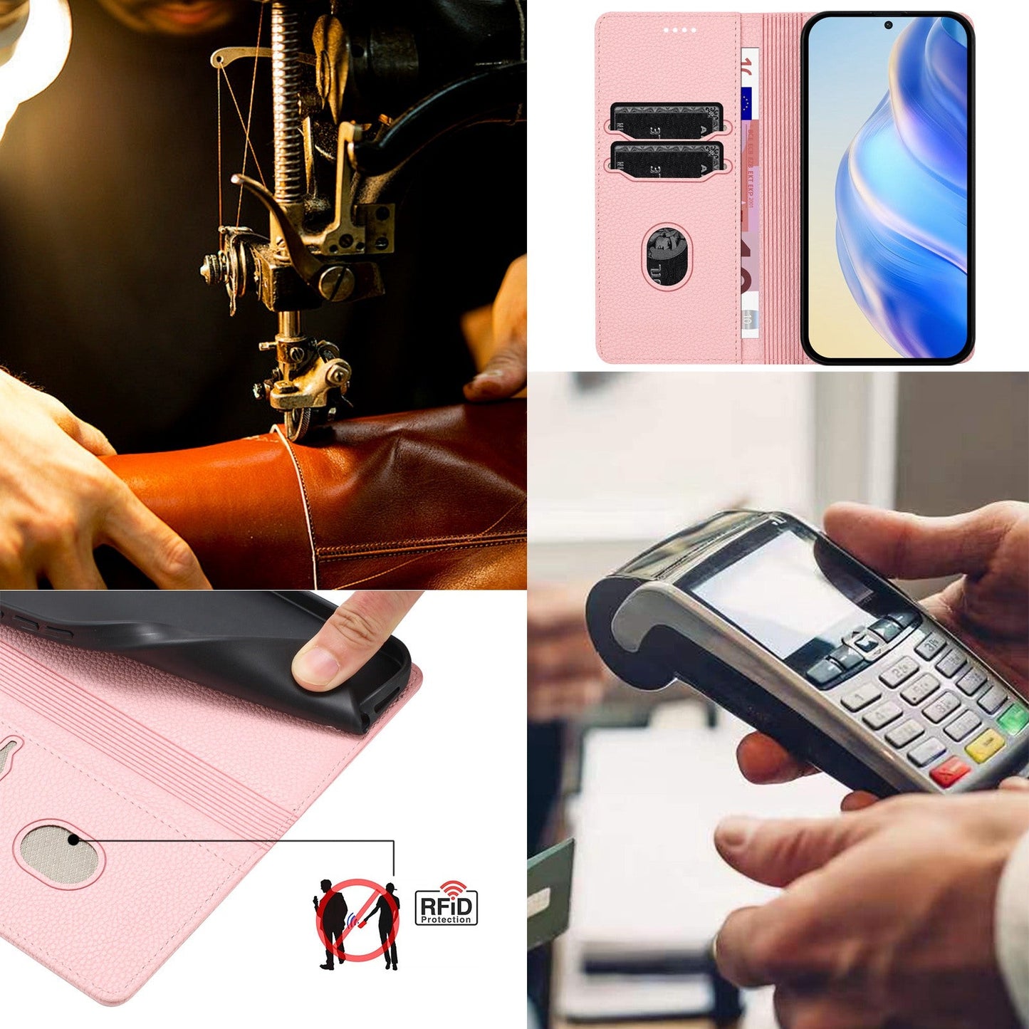 For iPhone 16 Wallet Case RFID Blocking Litchi Texture Leather Mobile Cover - Pink