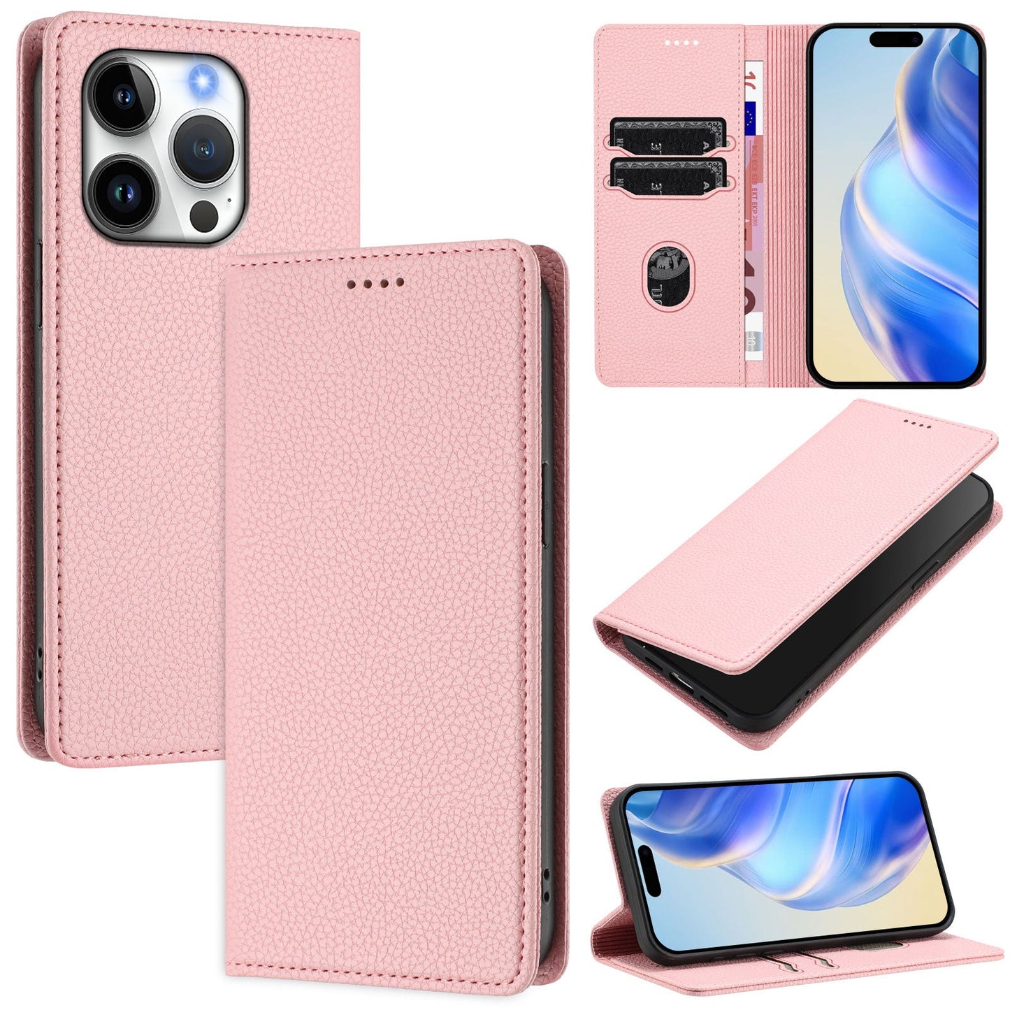 For iPhone 16 Pro Wallet Case RFID Blocking Litchi Texture Leather Mobile Cover - Pink