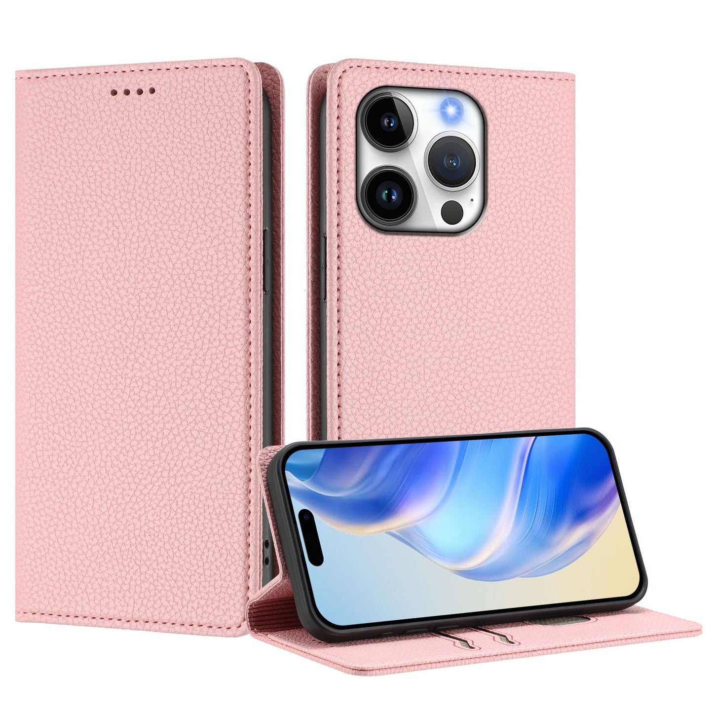 For iPhone 16 Pro Wallet Case RFID Blocking Litchi Texture Leather Mobile Cover - Pink