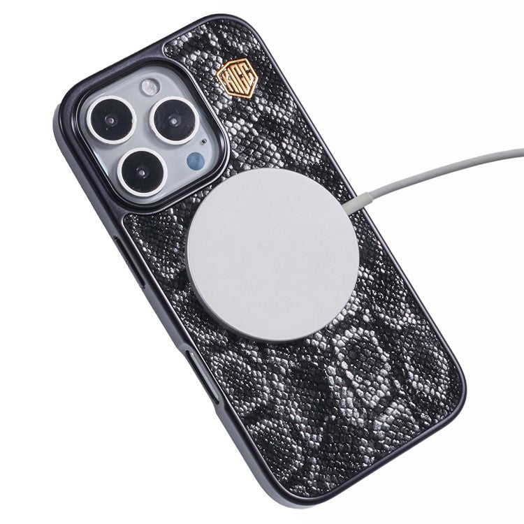 KIGC For iPhone 16 Pro Case Compatible with MagSafe Snake Texture Leather+PC+TPU Back Cover - Black