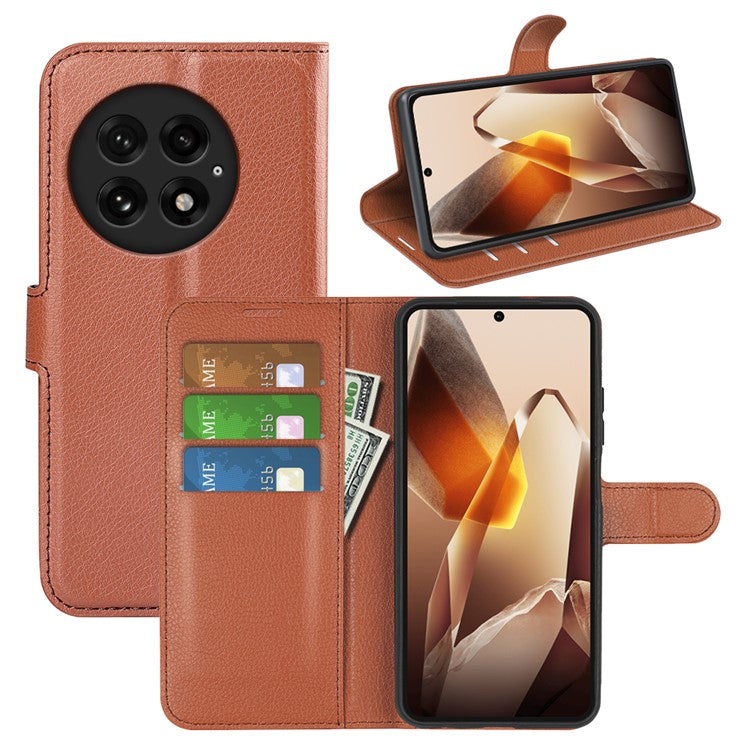 For OnePlus 13 Case Litchi Texture Shockproof Leather Wallet Phone Cover - Brown