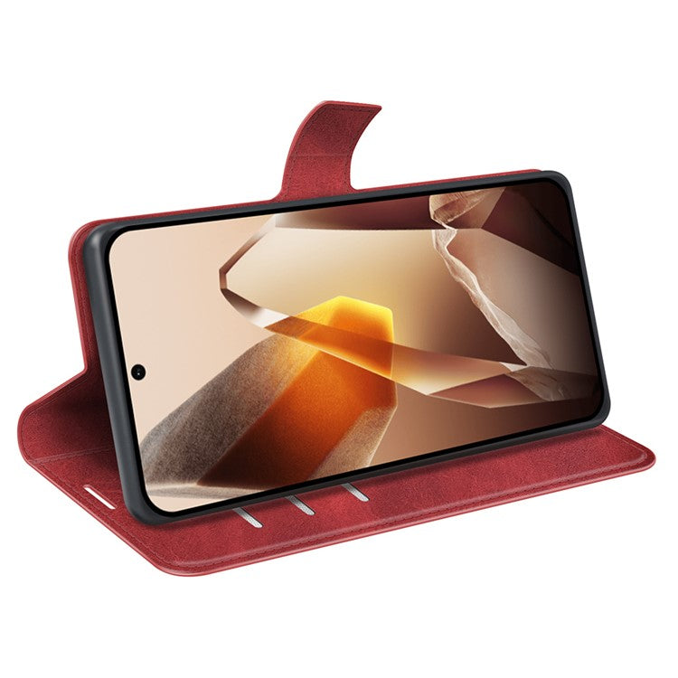 For OnePlus 13 Stand Case Anti-Scratch Calf Texture Leather Phone Cover - Red