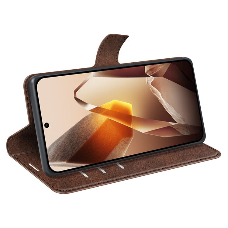 For OnePlus 13 Stand Case Anti-Scratch Calf Texture Leather Phone Cover - Brown