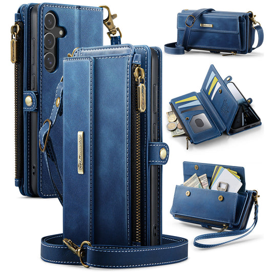 For Samsung Galaxy S24 Case CASEME C39 RFID Blocking Zipper Wallet Stand Leather Cover with Strap - Blue
