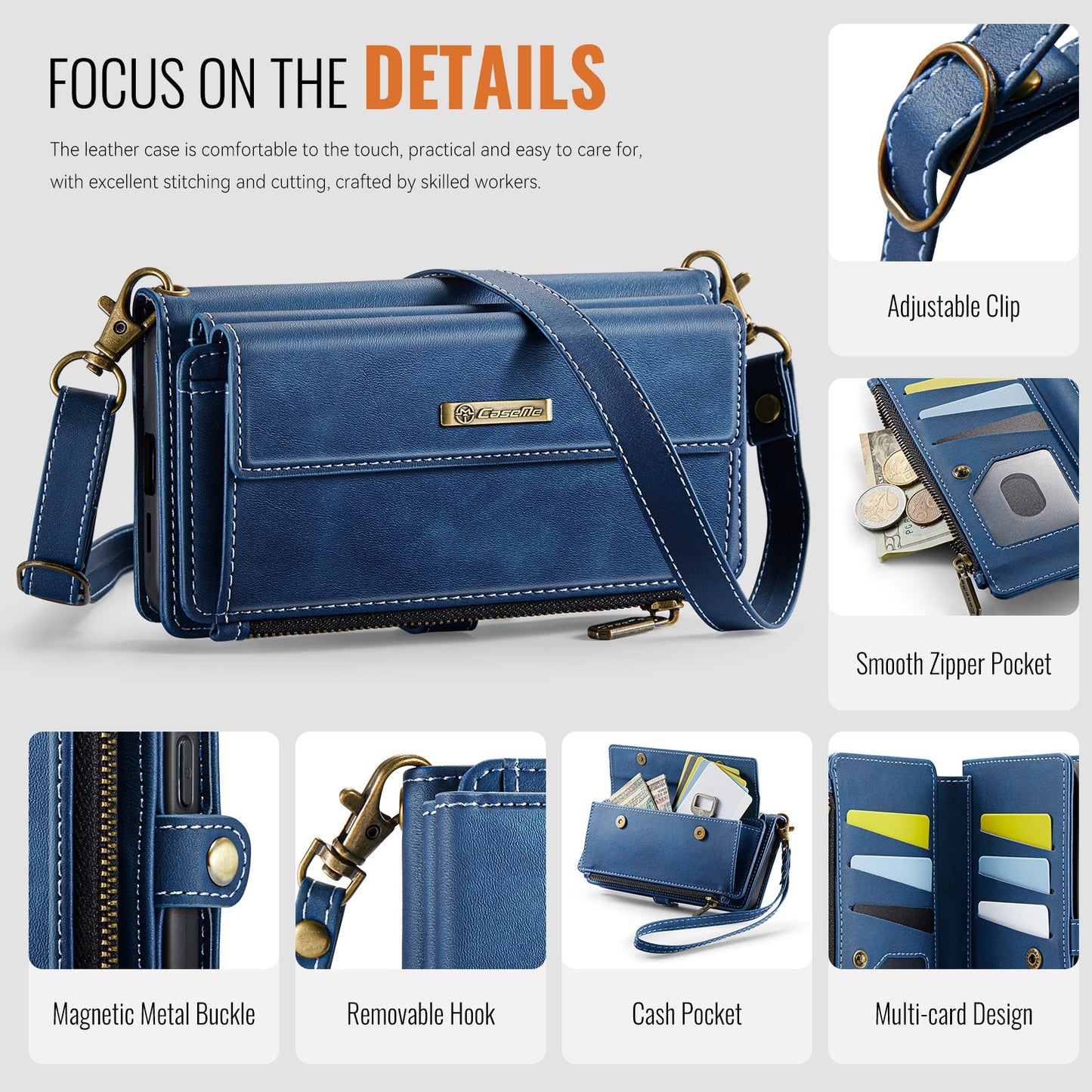 For Samsung Galaxy S24 Case CASEME C39 RFID Blocking Zipper Wallet Stand Leather Cover with Strap - Blue